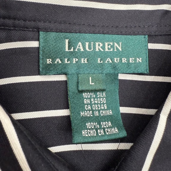 LRL Ralph Lauren Silk Black White Striped‎ Ruffle Front Dark Coquette Goth L - Picture 11 of 15